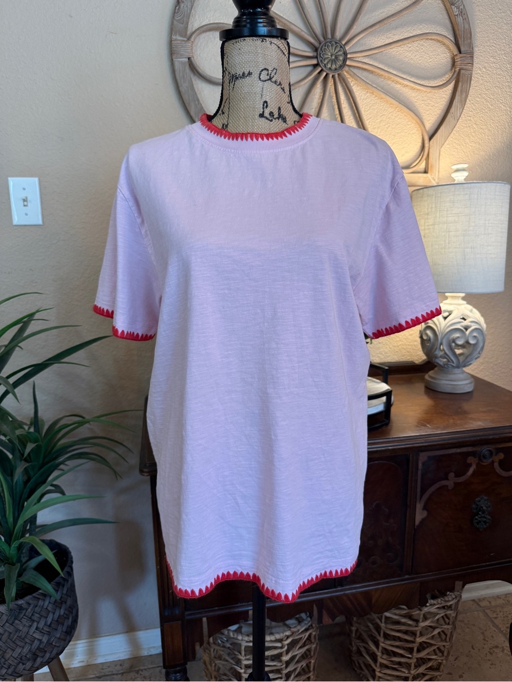 asos Design Light Pink Oversized Short Sleeve Tee with Coral Whipstitched Trim
